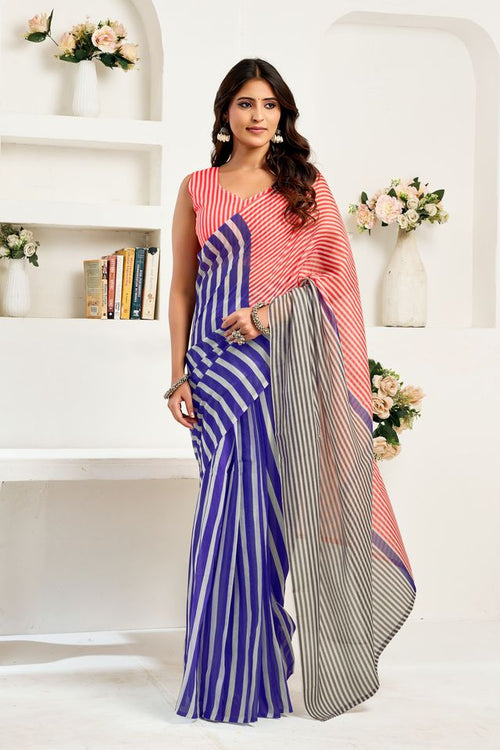 Dista Elora Blue & White Linen Striped Printed Ready To Wear Saree