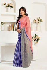Dista Elora Blue & White Linen Striped Printed Ready To Wear Saree, view 4