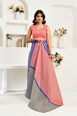 Dista Elora Blue & White Linen Striped Printed Ready To Wear Saree, view 6