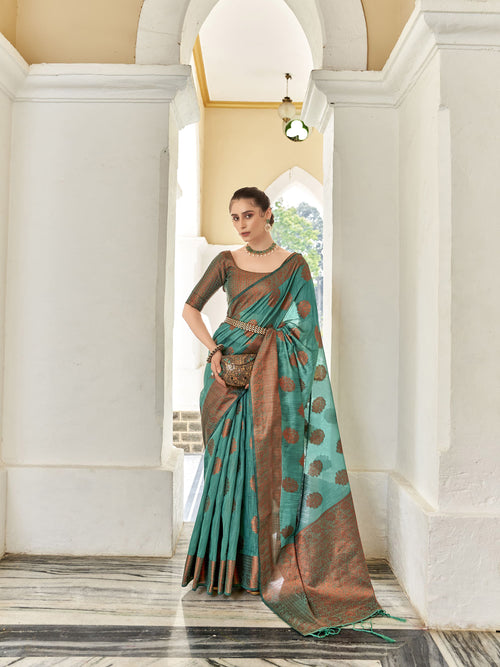 Dista Elora Bottle Green Linen Copper Zari Butta Designer Saree for Women