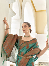 Dista Elora Bottle Green Linen Copper Zari Butta Designer Saree for Women, view 2