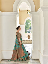 Dista Elora Bottle Green Linen Copper Zari Butta Designer Saree for Women, view 4