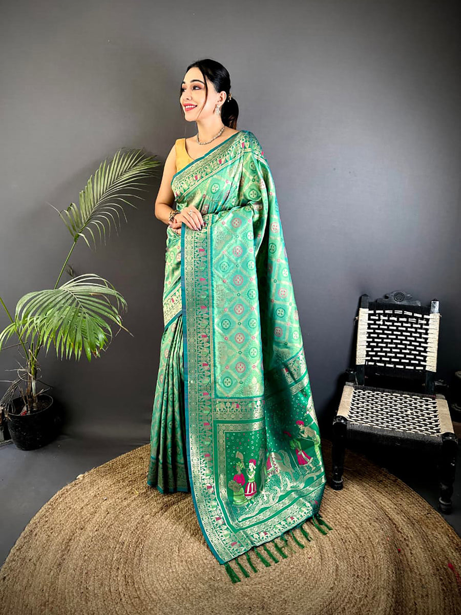 Dista Elora Bottle Green Soft Silk Zari Butti Motifs Patola Saree