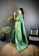 Dista Elora Bottle Green Soft Silk Zari Butti Motifs Patola Saree, view 2