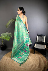 Dista Elora Bottle Green Soft Silk Zari Butti Motifs Patola Saree, view 3