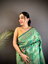 Dista Elora Bottle Green Soft Silk Zari Butti Motifs Patola Saree, view 4