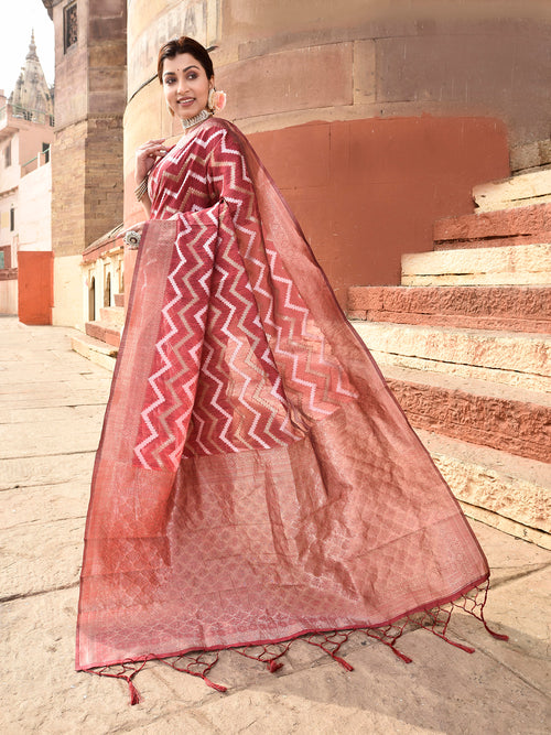 Dista Elora Brick Red Linen Zig Zag Ikat Wedding wear Designer Saree