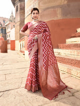 Dista Elora Brick Red Linen Zig Zag Ikat Wedding wear Designer Saree, view 2