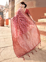 Dista Elora Brick Red Linen Zig Zag Ikat Wedding wear Designer Saree, view 3