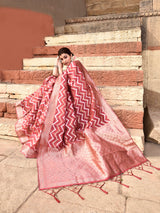 Dista Elora Brick Red Linen Zig Zag Ikat Wedding wear Designer Saree, view 4
