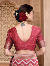 Dista Elora Brick Red Linen Zig Zag Ikat Wedding wear Designer Saree, view 5