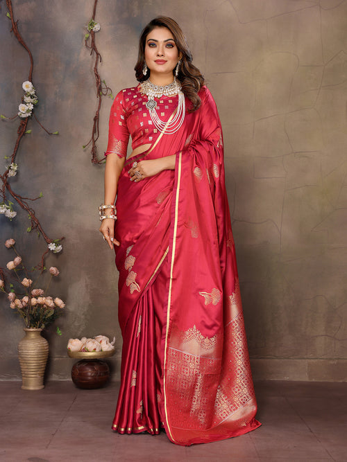 Dista Elora Brick Red Satin Silk Floral & Botanical Motifs Zari Woven Banarasi Saree