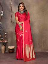 Dista Elora Brick Red Satin Silk Floral & Botanical Motifs Zari Woven Banarasi Saree, view 3