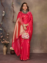 Dista Elora Brick Red Satin Silk Floral & Botanical Motifs Zari Woven Banarasi Saree, view 4