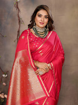 Dista Elora Brick Red Satin Silk Floral & Botanical Motifs Zari Woven Banarasi Saree, view 5
