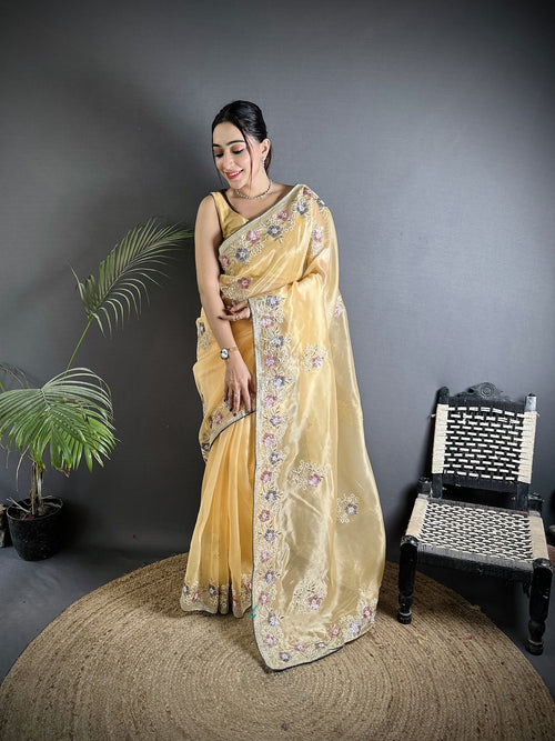 Dista Elora Bright Yellow Organza Silk Dubble Sequence Floral Embroidery Saree