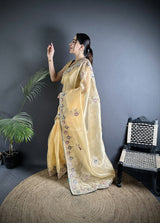 Dista Elora Bright Yellow Organza Silk Dubble Sequence Floral Embroidery Saree, view 2
