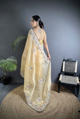 Dista Elora Bright Yellow Organza Silk Dubble Sequence Floral Embroidery Saree, view 3