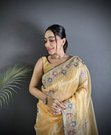 Dista Elora Bright Yellow Organza Silk Dubble Sequence Floral Embroidery Saree, view 4