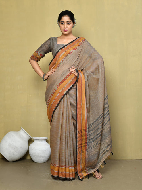 Dista Elora Brown Linen Plain Handloom Everyday Use and Casual Saree