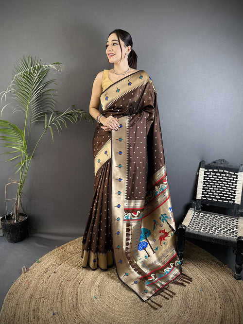 Dista Elora Brown Soft Lichi Silk Peacock & Floral Motifs Jacquard Kanchipuram Saree
