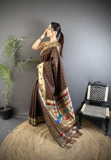 Dista Elora Brown Soft Lichi Silk Peacock & Floral Motifs Jacquard Kanchipuram Saree, view 2