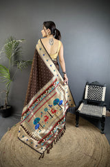 Dista Elora Brown Soft Lichi Silk Peacock & Floral Motifs Jacquard Kanchipuram Saree, view 3