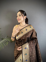 Dista Elora Brown Soft Lichi Silk Peacock & Floral Motifs Jacquard Kanchipuram Saree, view 4