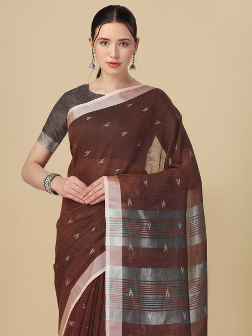 Dista Elora Brown Soft Linen Butti Printed Bhagalpuri Office & Workplace Attire Saree