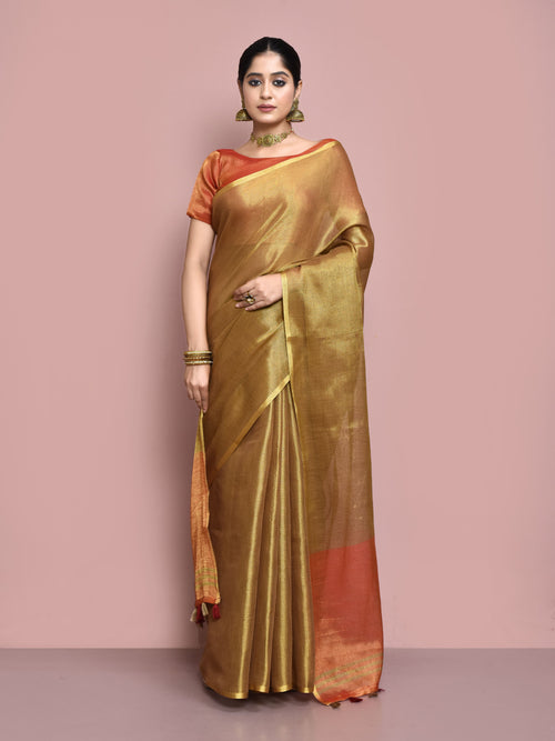 Dista Elora Brown Tissue Linen Plain Chanderi Festive and Formal Saree