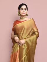 Dista Elora Brown Tissue Linen Plain Chanderi Festive and Formal Saree, view 2