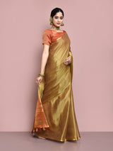 Dista Elora Brown Tissue Linen Plain Chanderi Festive and Formal Saree, view 3