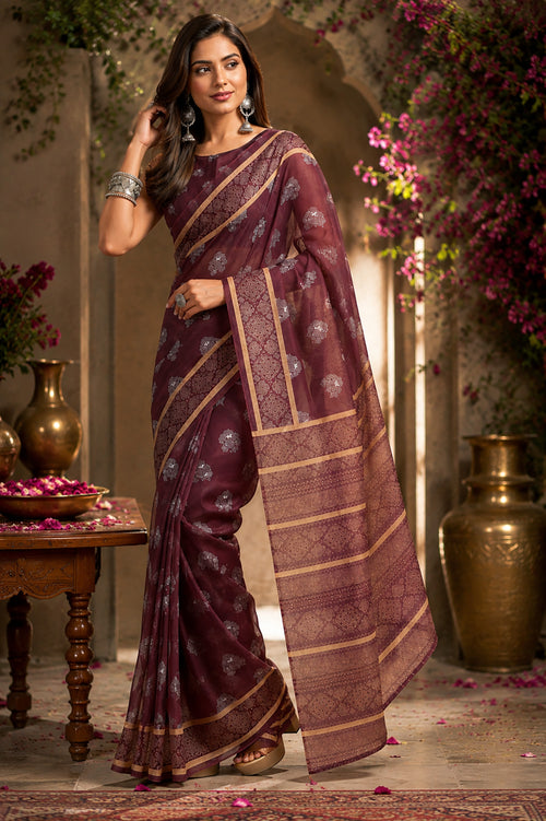 Dista Elora Burgundy Chanderi Cotton Woven Butti Printed Ready To Wear Saree