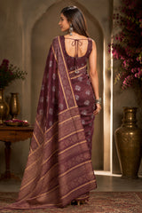 Dista Elora Burgundy Chanderi Cotton Woven Butti Printed Ready To Wear Saree, view 2