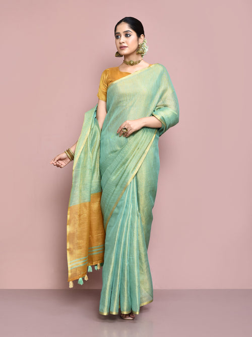 Dista Elora C Green Tissue Linen Plain Chanderi Festive and Formal Saree