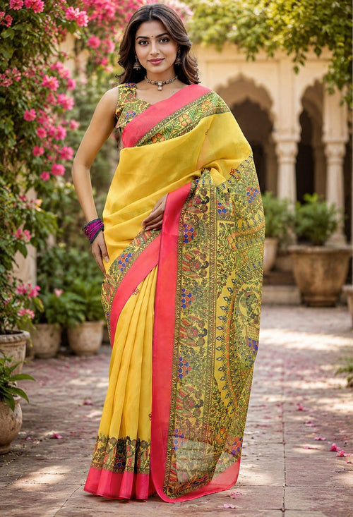 Dista Elora Canary Yellow Linen Madhubani Digital Print Bollywood Saree