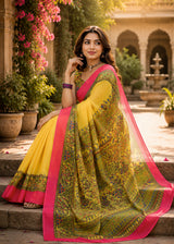 Dista Elora Canary Yellow Linen Madhubani Digital Print Bollywood Saree, view 2