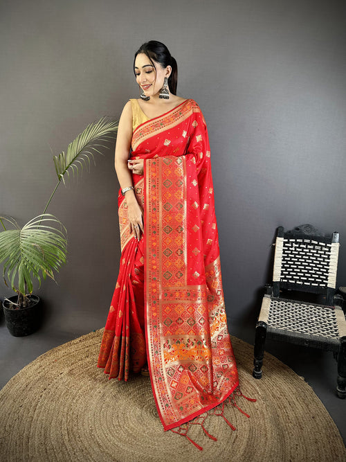 Dista Elora Carmine Red Soft Silk Geometric Zari Woven Patola Saree