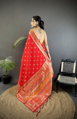 Dista Elora Carmine Red Soft Silk Geometric Zari Woven Patola Saree, view 2