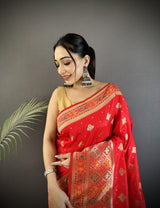 Dista Elora Carmine Red Soft Silk Geometric Zari Woven Patola Saree, view 3