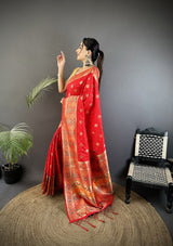 Dista Elora Carmine Red Soft Silk Geometric Zari Woven Patola Saree, view 4