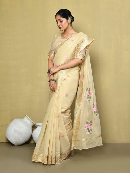 Dista Elora Chikoo Cotton Floral Embroidered Designer Casual Saree