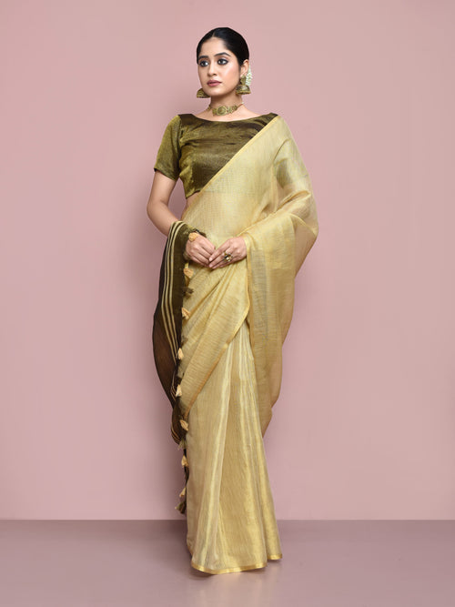 Dista Elora Chikoo Tissue Linen Plain Chanderi Festive and Formal Saree