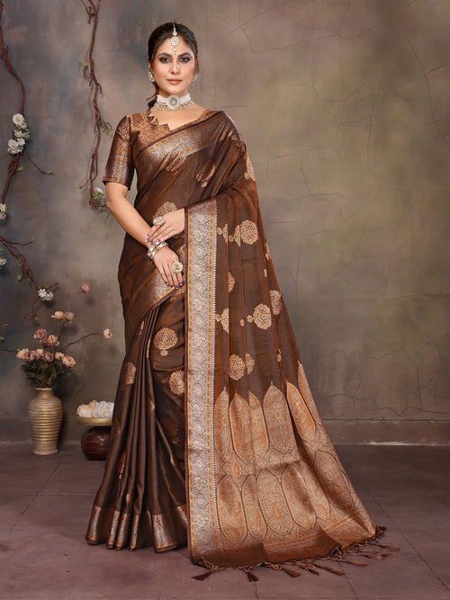 Dista Elora Copper Fendi Satin Silk Banarasi Jacquard Butta Work Saree With Woven Designed Border