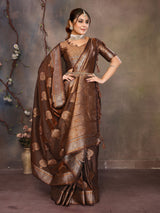 Dista Elora Copper Fendi Satin Silk Banarasi Jacquard Butta Work Saree With Woven Designed Border, view 2