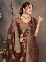 Dista Elora Copper Fendi Satin Silk Banarasi Jacquard Butta Work Saree With Woven Designed Border, view 3