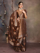 Dista Elora Copper Fendi Satin Silk Banarasi Jacquard Butta Work Saree With Woven Designed Border, view 5