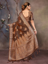 Dista Elora Copper Fendi Satin Silk Banarasi Jacquard Butta Work Saree With Woven Designed Border, view 6