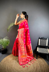 Dista Elora Coral Pink Banarasi Lichi Silk Meenakari Zari Weaving Patola Saree, view 2