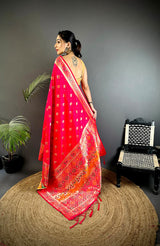 Dista Elora Coral Pink Banarasi Lichi Silk Meenakari Zari Weaving Patola Saree, view 3